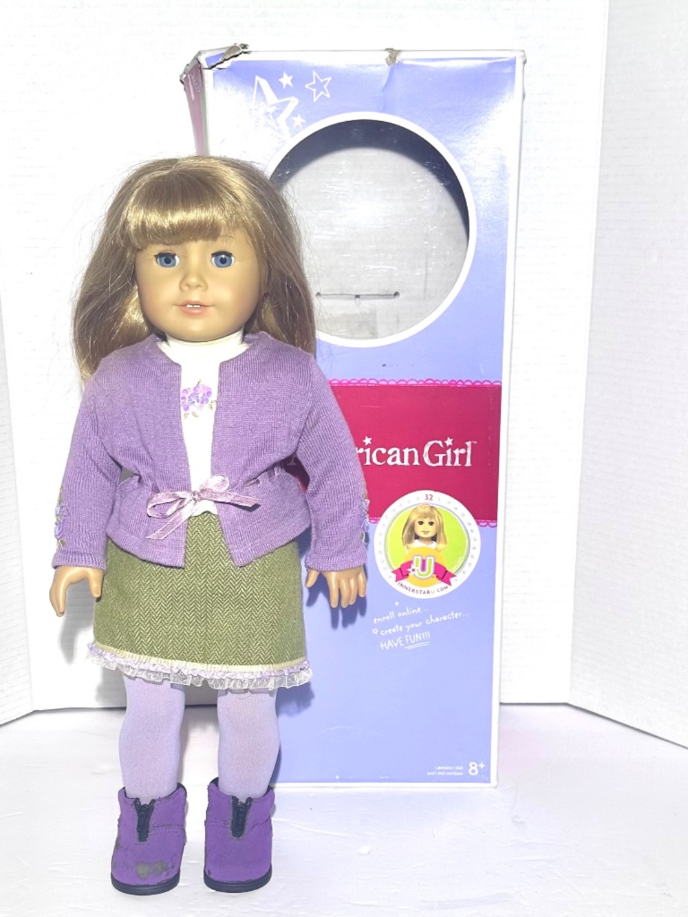American Girl Doll 18” Retired In Go Anywhere Outfit Blond Hair Blue Eyes In Box